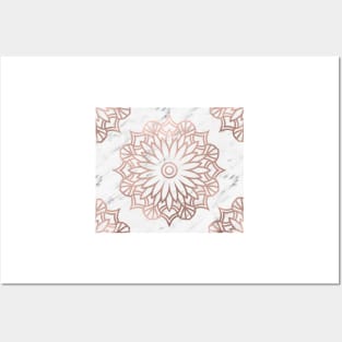 Marble mandala - floral rose gold on white Posters and Art